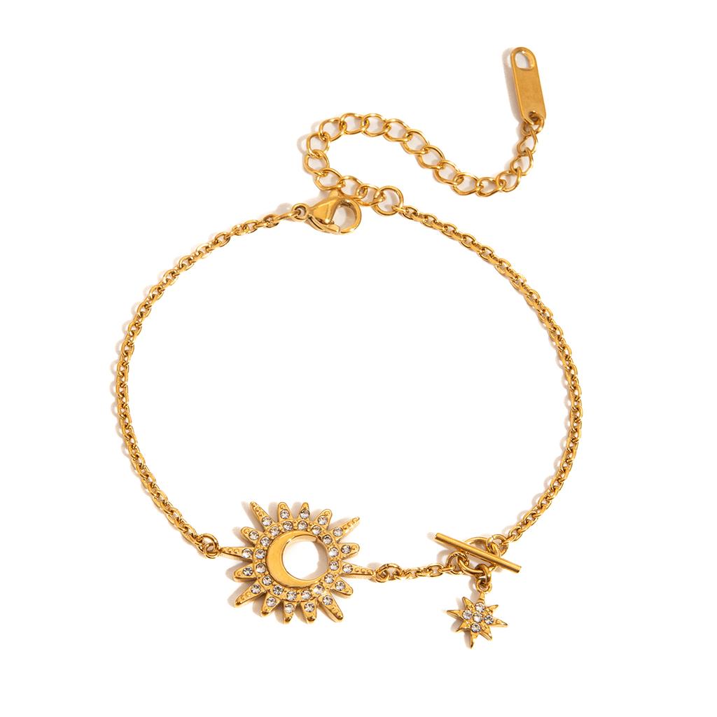 J&D Jewelry Celestial Sun Moon Star Charm Bracelet 18K Gold Plated Stainless Steel Rhinestone O Chain for Women