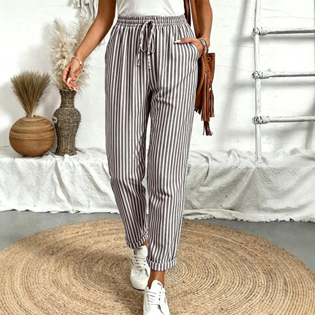 Women's Striped Drawstring Elastic Waist Casual Pants with Pockets Loose Fit
