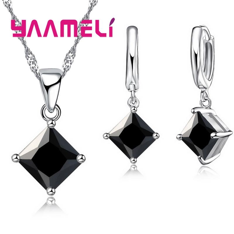 New Fashion Women Pendants Necklace Simple Geometry Square Earrings Crystal 925 Silver Color Jewelry Sets for Wedding