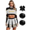 Damen Cheerleading Performance Tanz Outfit Langarm Stehkragen Strass Crop Top Faltenrock Haargummi Set