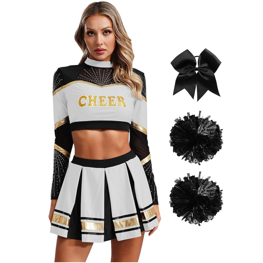 Damen Cheerleading Performance Tanz Outfit Langarm Stehkragen Strass Crop Top Faltenrock Haargummi Set