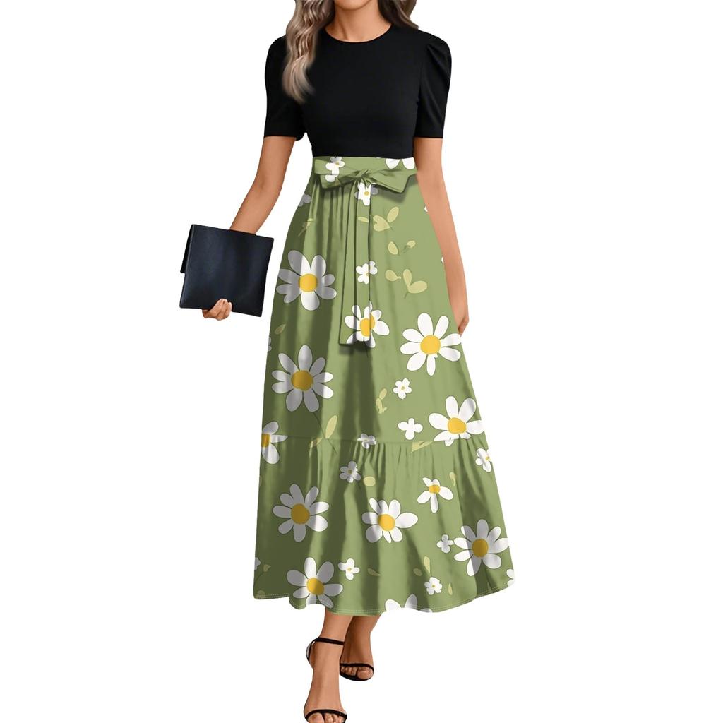 Ladies Fashion Casual Belt Short Sleeve Round Neck Floral Print Splicing Elegant Temperament Dress