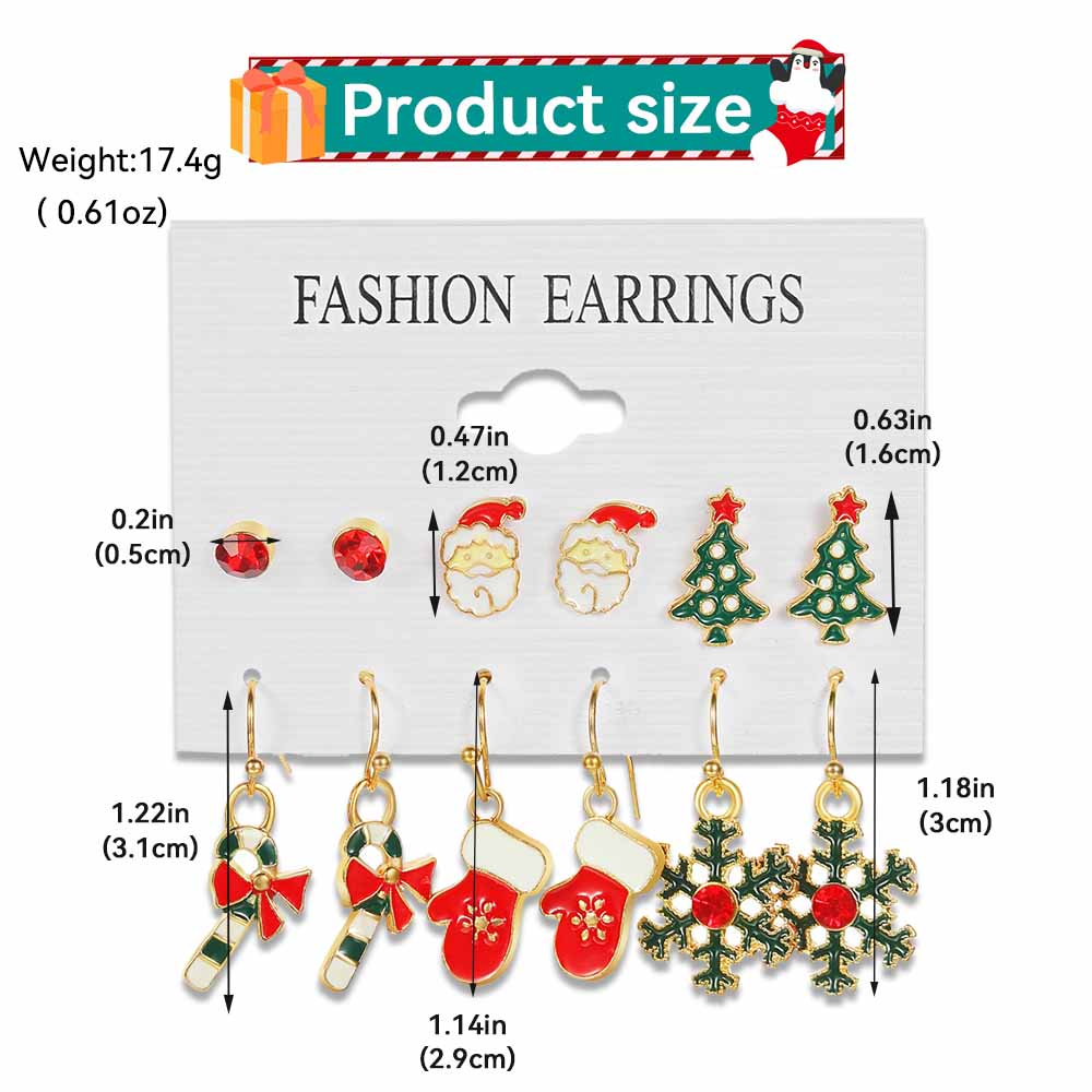 6 Pairs Of Ladies' Christmas Earrings, Santa Claus Christmas Tree Gloves, Fashionable Cartoon Cute Decorations With Patterns
