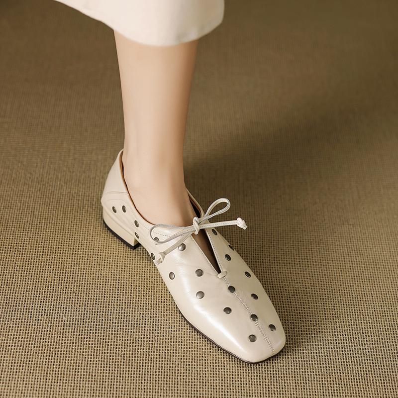 Fashion 2025 New Rivets Genuine Leather Retro Women Pumps Thick High Heels Spring Summer Lady Party Prom Shoes Woman Pumps Heels Women