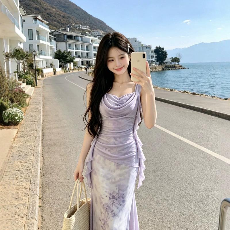 Summer new temperament women's long dress niche design slim and thin suspender dress women