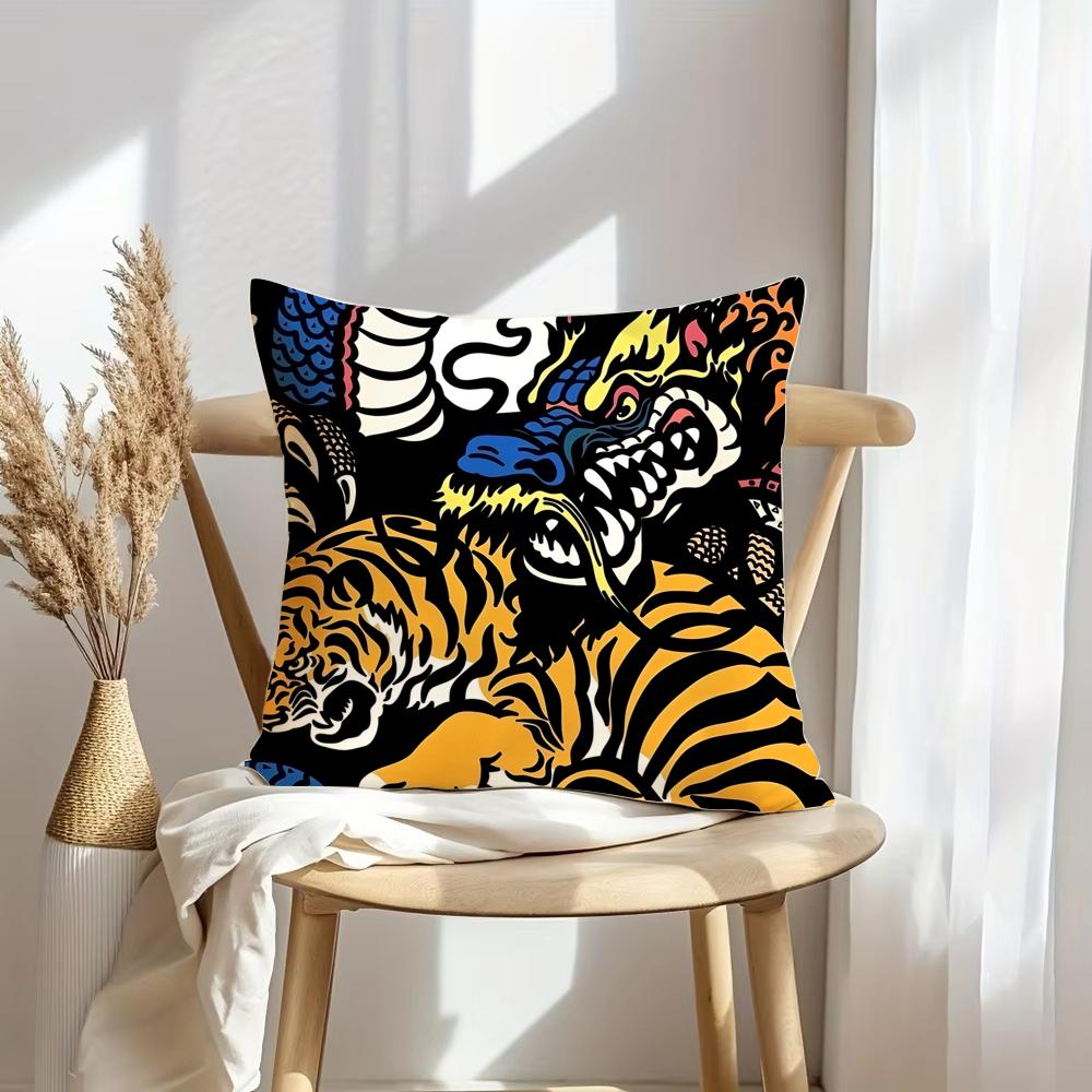 Chinese Dragontiger Cushion Cover Soft Plush Throw Pillow Cover | Double-Sided Decorative Cushion Case | Sofa Bedroom Home Decor