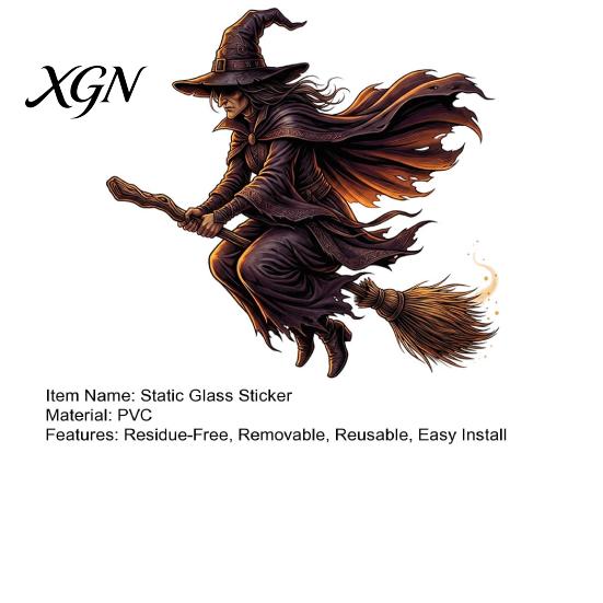 Halloween Party Supplies Witch on Broomstick Static Cling, Themed Glass Window Sticker, Decals Removable Wall Cling for Storefront Windows Doors