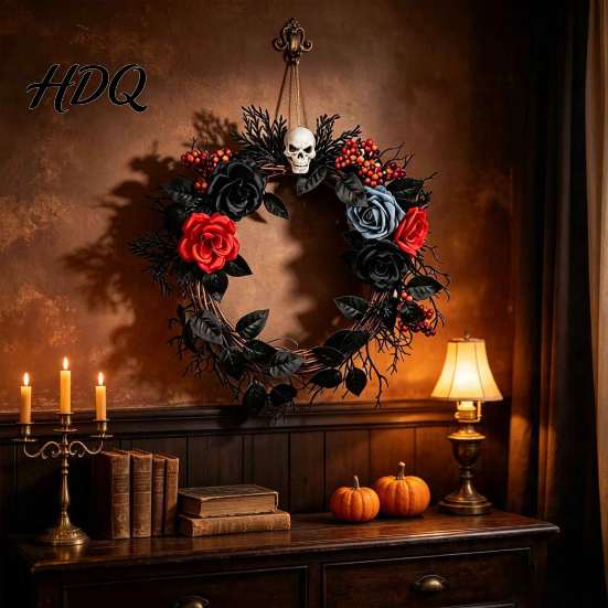 Elegant Mystery Party Props Gothic Black White Blue Rose Twig Wreath 15 Inch Halloween Skull Wreath