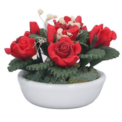 1:12 Scale Dollhouse Miniature Potted Plant Pot DIY Miniature Artificial Red Rose Flowers
