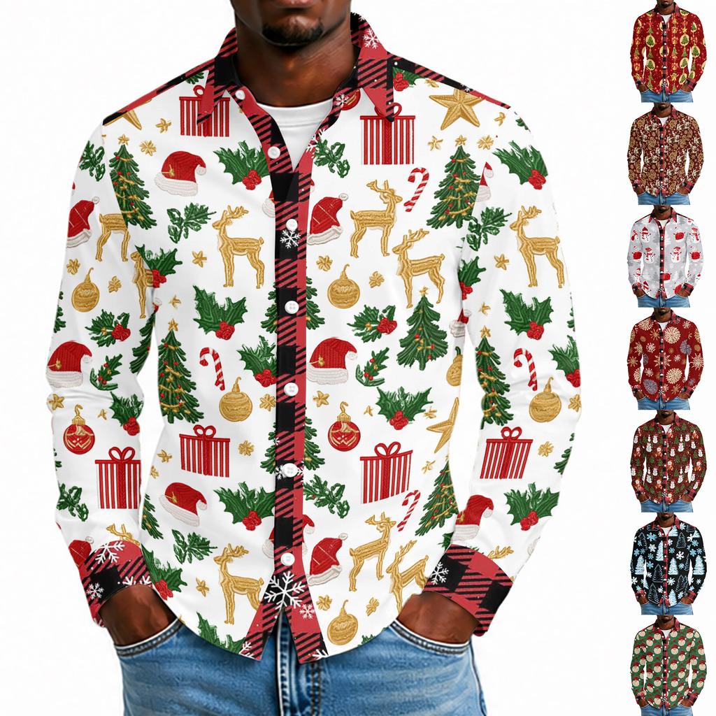 Men's Casual Long Sleeve Shirt with Christmas Print for Holiday Party and Fall