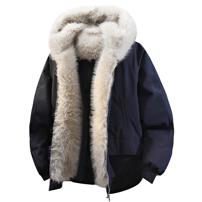 Jaqueta de Neve Masculina Retro com Capuz, Estampa Leopardo das Neves, Gola de Pelo Genuíno, 90% Penugem de Pato, Estilo Curto para Exterior.