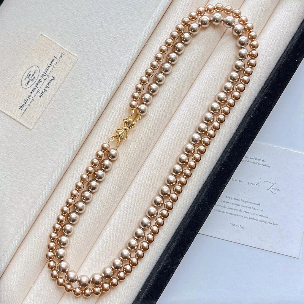 Maillard Wind Gold Camocha Color Shijia Pearl Double Layer Design Sweater Chain Necklace Clavicle Chain