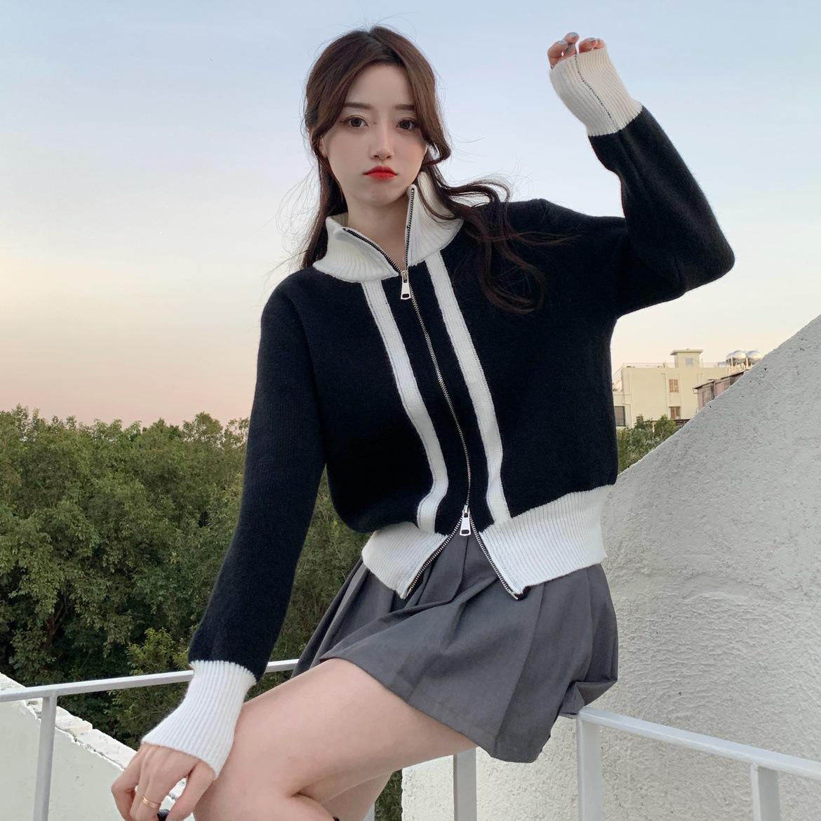 

Two-way zipper knitted cardigan women s autumn and winter foreign style outer wear niche contrasting color turtleneck sweater jacket one size fits all