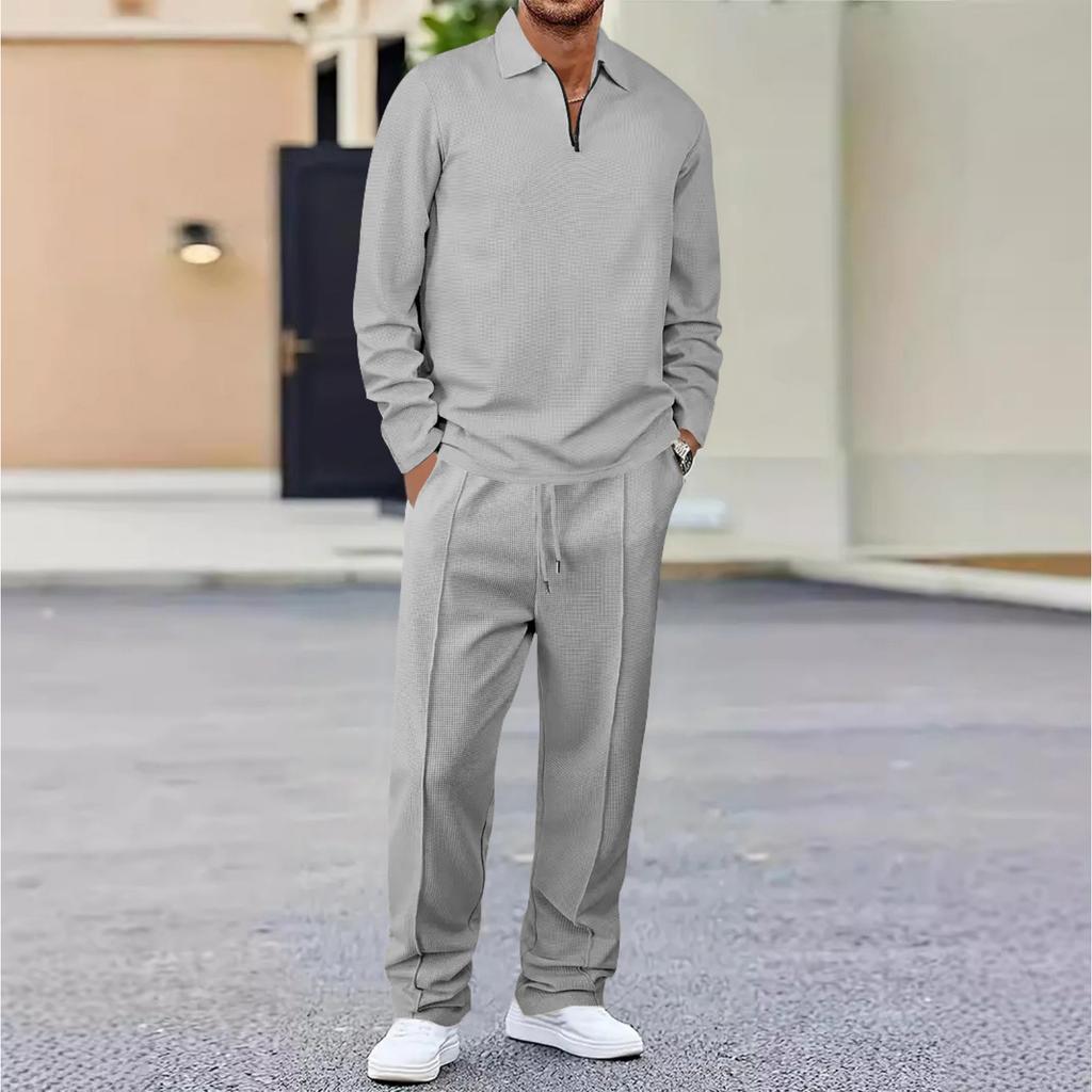 Conjunto de Roupa Esportiva Casual Masculina de Cor Sólida, Camisa Listrada de Manga Comprida, Top com Decote Quadrado e Meio Zíper, Conjunto de Calças com Cordão