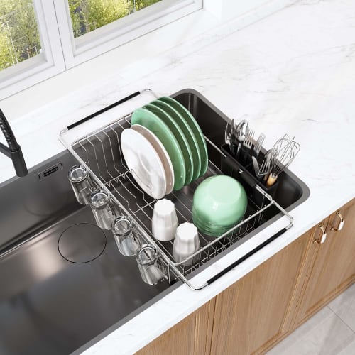 JASIWAY Extendable Dish Drainer, Stainless Steel, Over-the-Sink Dish Drainer, Dish Drying Rack, Space-Saving, Silver
