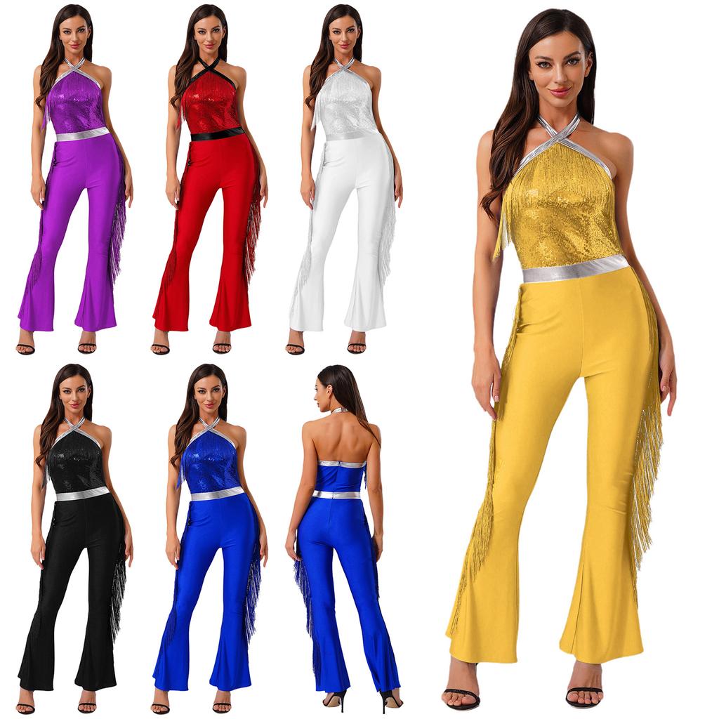 Womens 70s Disco Halter Sequined Top Tassel Fringe Flared Pants Romper Shiny Metallic Jumpsuit