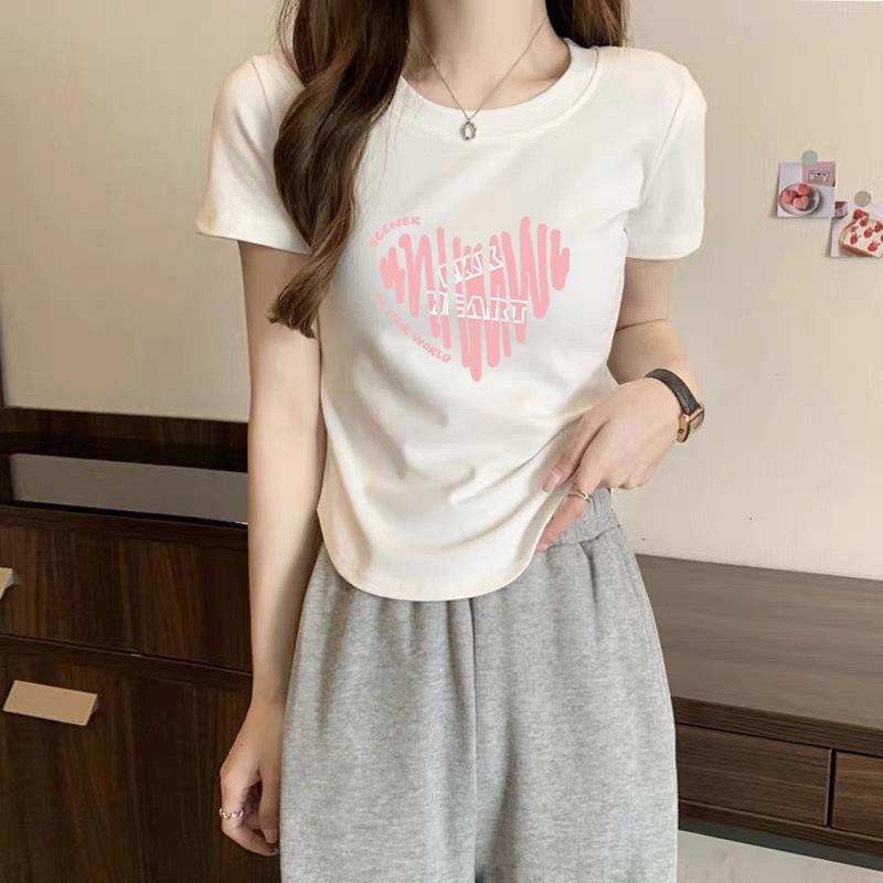 

Light pink slim-fit t-shirt women s summer front shoulder short-sleeved t-shirt 2025 new cotton round neck curved hem top M