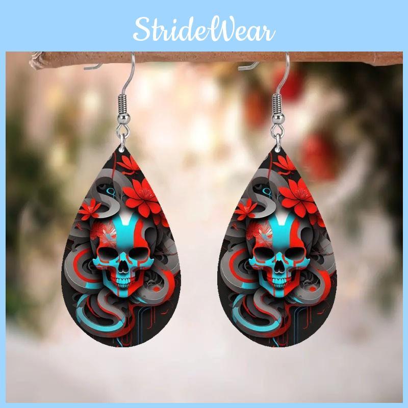 Flower Themed Halloween Skull Patterns Water Droplet Shaped Women Earrings