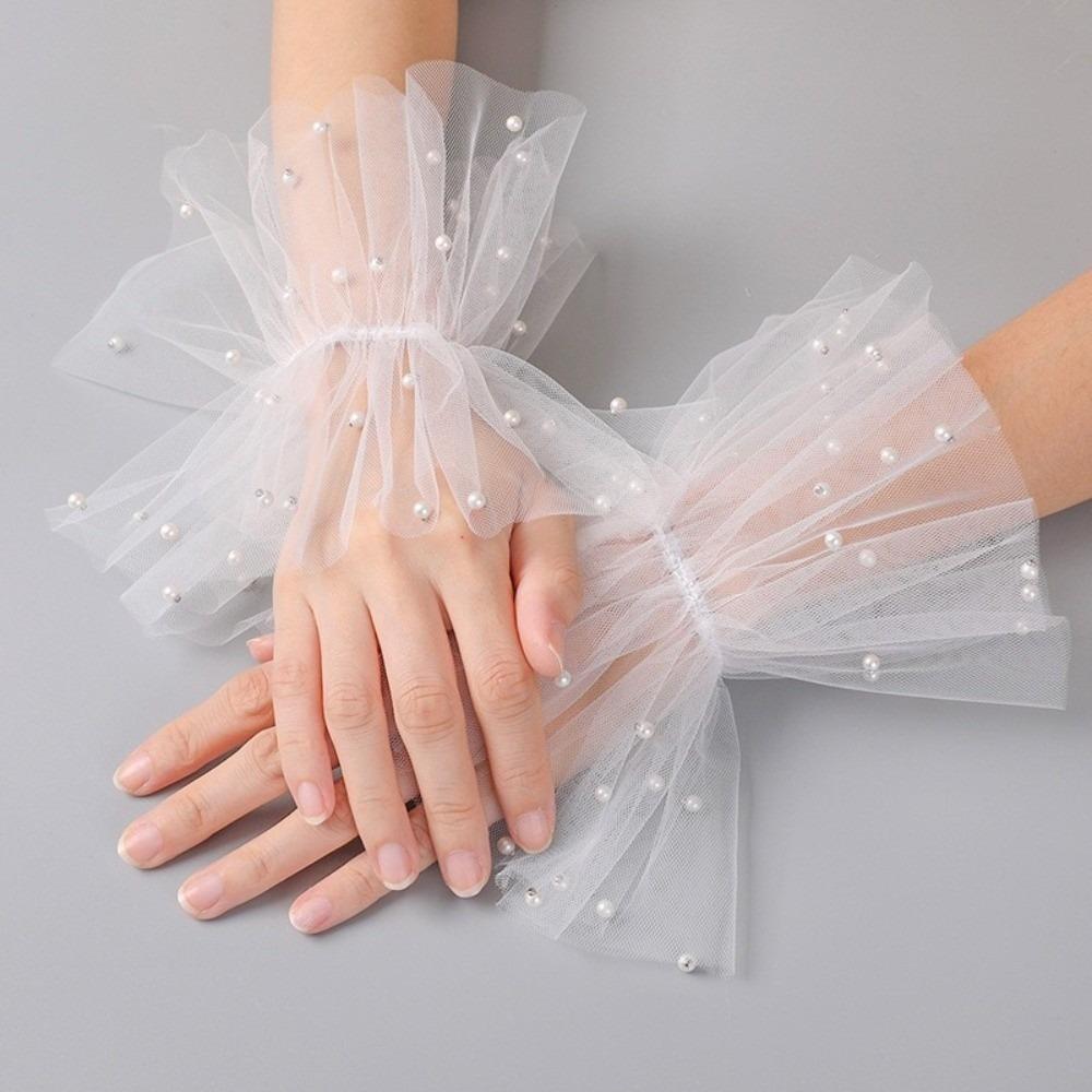 

Wedding Dress Pearl Beaded Sleeves Decoration Removeable Bride Arm Sleeves Mesh Pearls Lace Wrist Cuffs Wedding Oversleeve