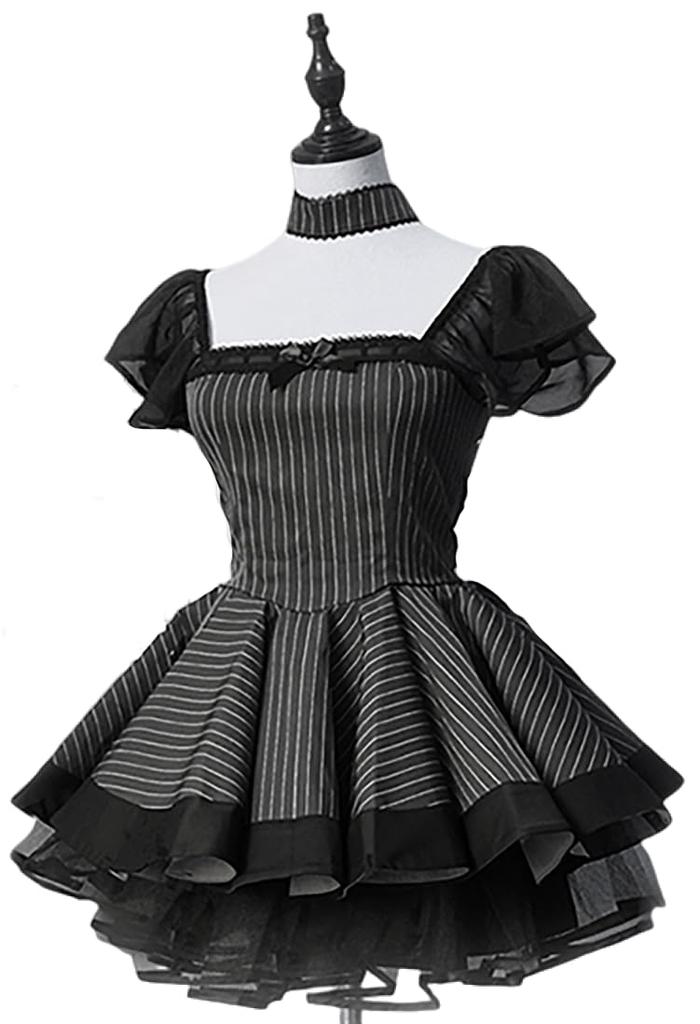 Maid Gotik Lolita Retro Schwarz-Weiß Gestreiftes Lolita Cosplay Rüschen Lolita Kurzarm Kostüm Ordentlich und Perfekt für Cafés und Freizeitparks