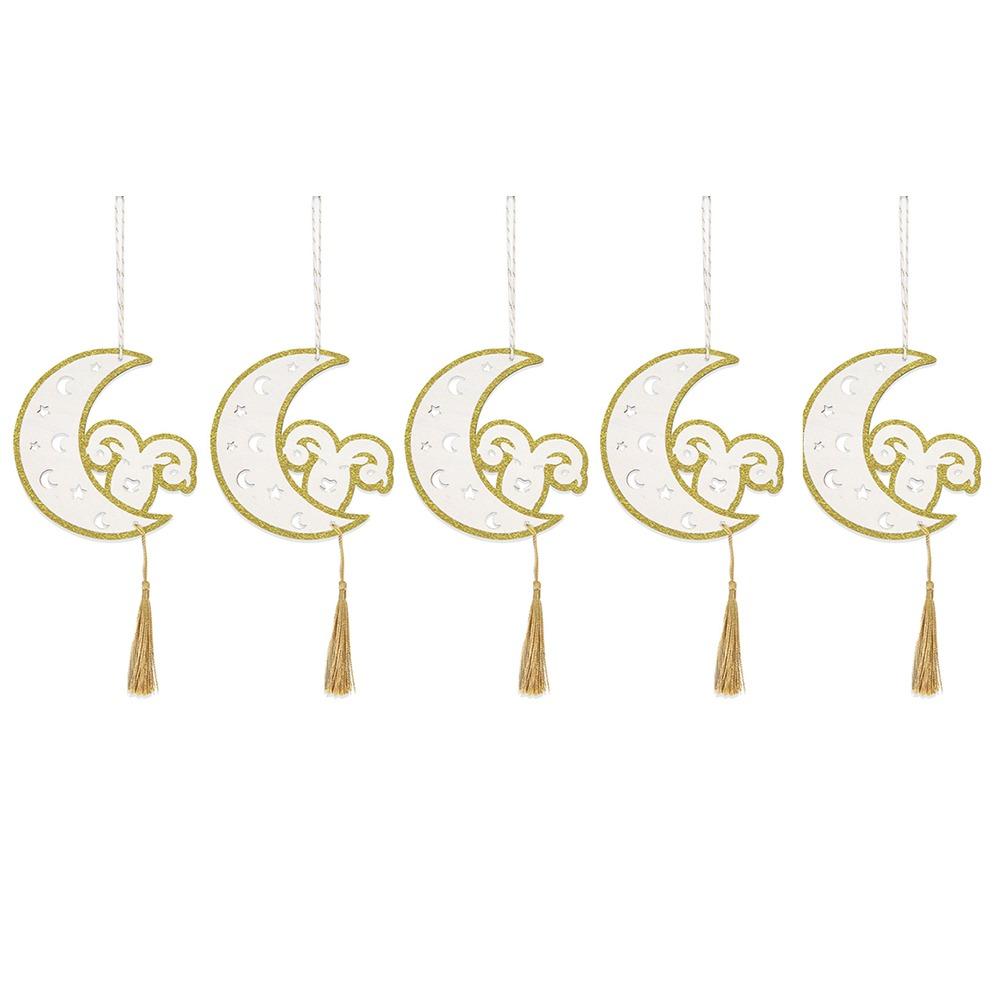 5Pcs Hollow Wooden Hanging Signs Creative Eid Moon Ornament Eid Door Sign  Middle East Moon Festival