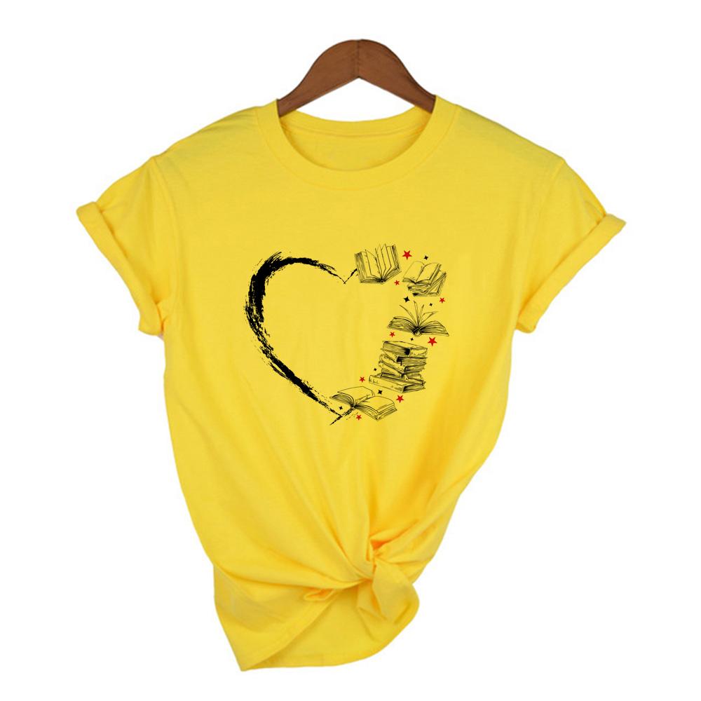 Serce z książkami Print Women Estetyczna koszulka Harajuku School Reading Casual Streetwear z krótkim rękawem T