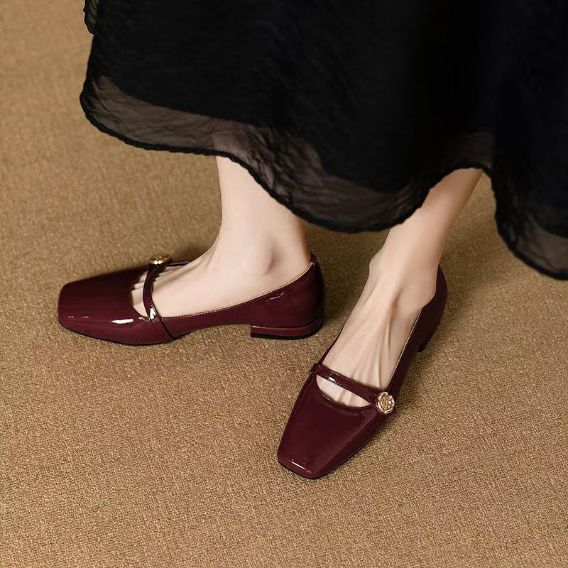 High Heels French Dress Party Shoes for Woman Platform Patent Leather Mary Jane  Black Square Toe Mid-heel Pumps 2025