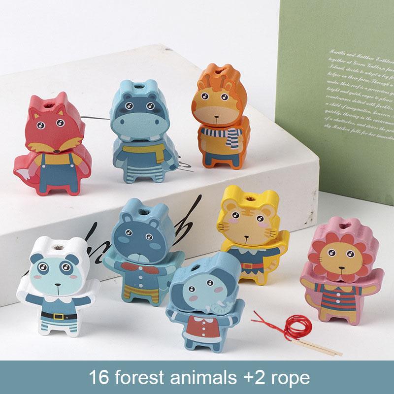 Kids Montessori Wooden Lacing Toy DIY Wooden Beads For Children Cartoon Animals Fruit Letter Digital Beads Threading Toys Gifts