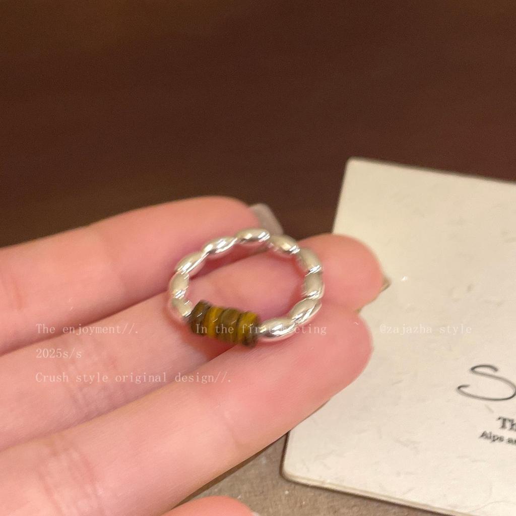 Retro Malachitowe Oko Tygrysa Posrebrzany Pierścionek Stackable dla Kobiet - Modny Dodatek na Palec Wskazujący