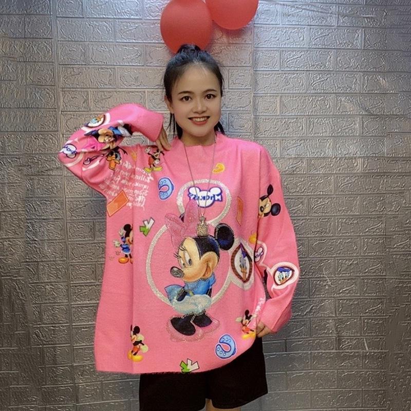 2024 European-Style Cartoon Loose Plus-Size Rhinestone Sweater for Women - Autumn/Winter Long Sleeve Knit Top