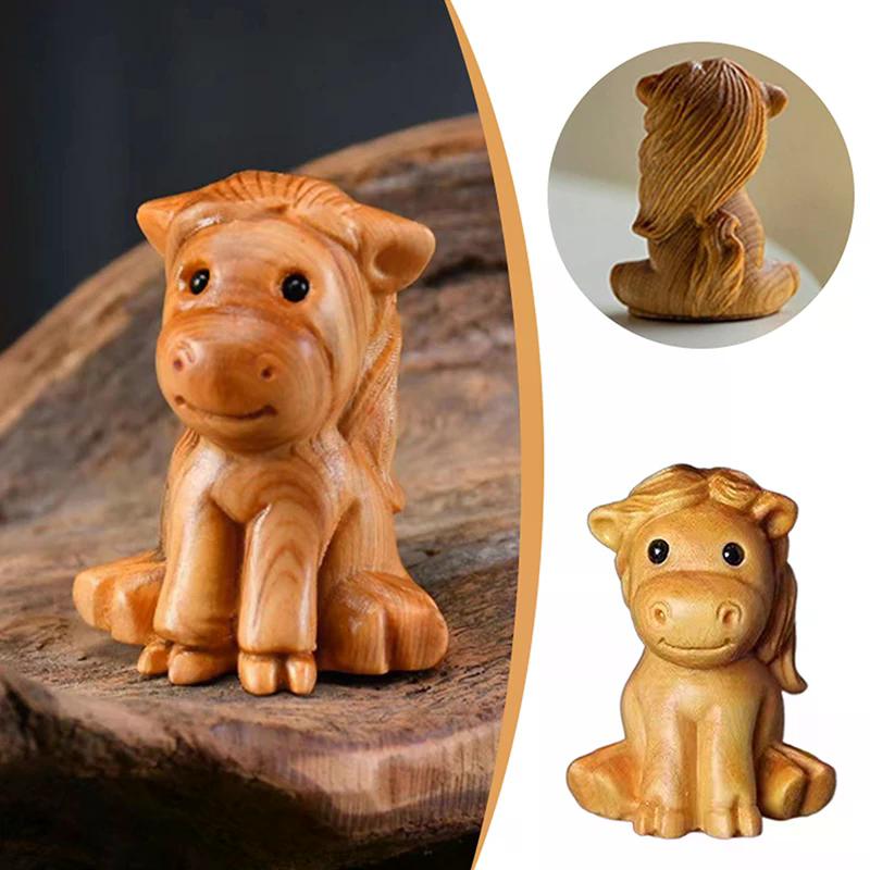 HOT 1/2pcs Mini Wood Carving Chinese New Year Horse Ornaments Zodiac Statue Cute Horse Decor Office Desktop Decor Car Decoration
