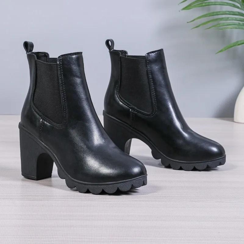 Women's Shoes 2024 Winter Hot Selling Round Toe Solid Color Women's Boots Thick Heel Sleeves Women's High Heel Short Boots