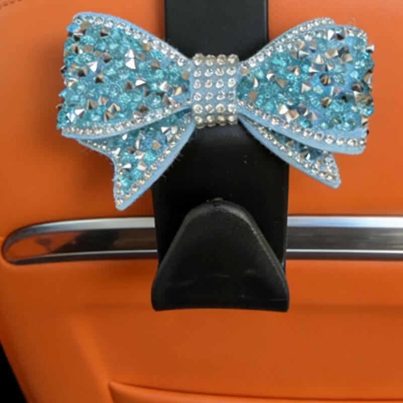 Car Headrest Hooks Shiny Rhinestone Bow Ornament Super Load Bearing Sturdy Universal Auto Hangers for Groceries Handbags Clothes