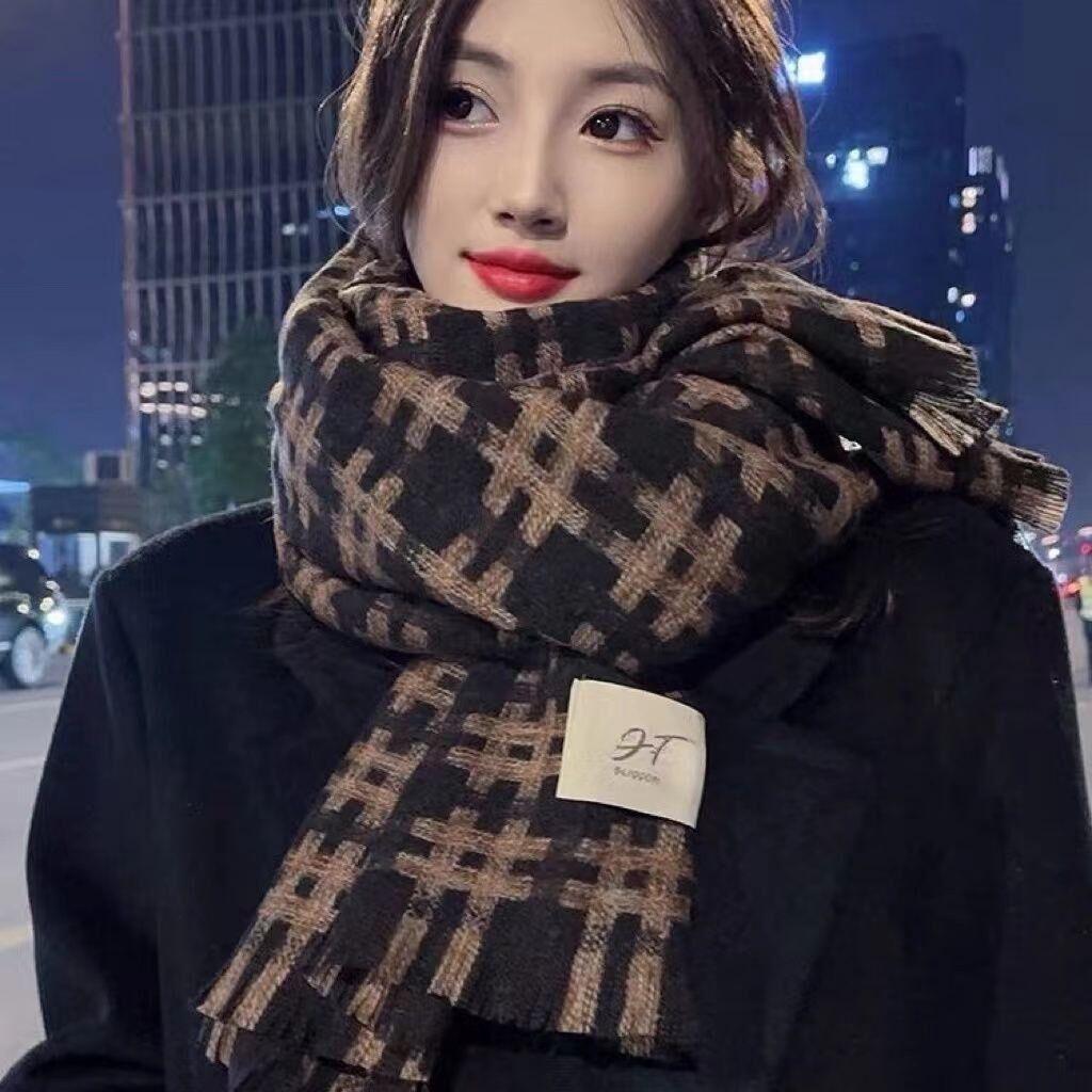 Korean Style Plaid Mohair Scarf - Women's Winter Imitation Cashmere Shawl