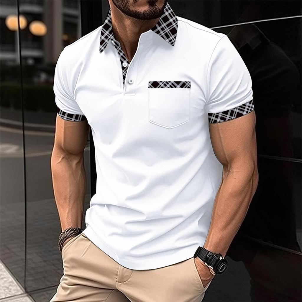 Men's Casual Color Block Polo Shirt with Chest Pocket & Turn-Down Collar
