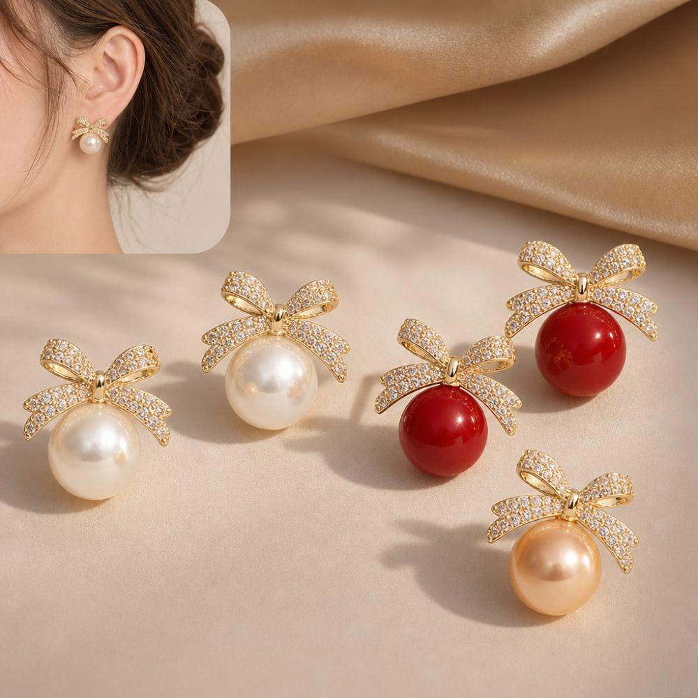 Exquisite Small Bow-knot Pearl Earrings Sparkling Rhinestone Light Luxury Earrings Birthday Gifts