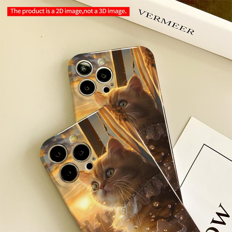 2DFlat Golden Sunset Cat In Ruffled Dress All Inclusive Film Hard iPhone Case, Compatible with iPhone 18 Pro Max 17 16 15 14 13 12 11