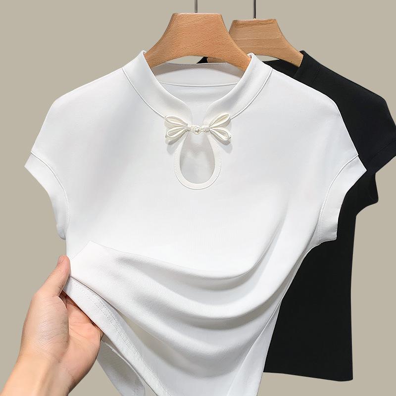 Tricou cu mâneci scurte cu guler în picioare pentru vara pentru femei Tricou nou pentru femei, cu mâneci uni, din bumbac, Top cu nasturi în stil chinezesc