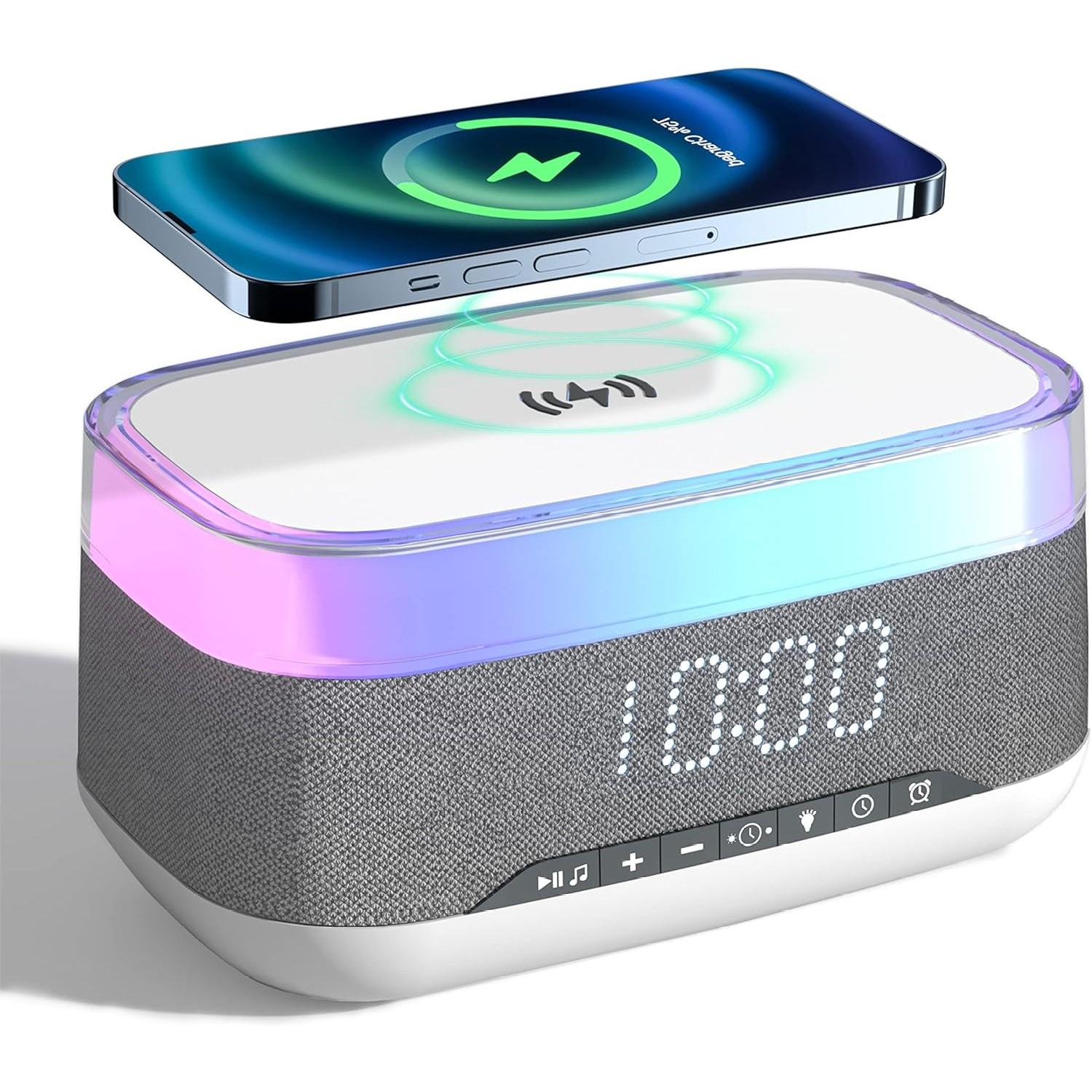 

Будильники для спальни, ночник, Bluetooth-динамик, звуковая машина, регулируемая яркость, светодиодный дисплей, быстрая беспроводная зарядная станция