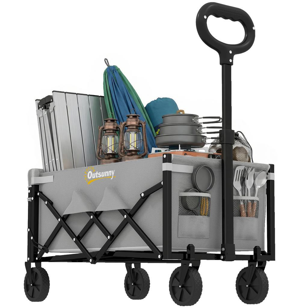 60L Foldable Festival Trolley on Wheels, Collapsible Wagon Cart with Drop-Down Tailgate, Adjustable Handle, Grey