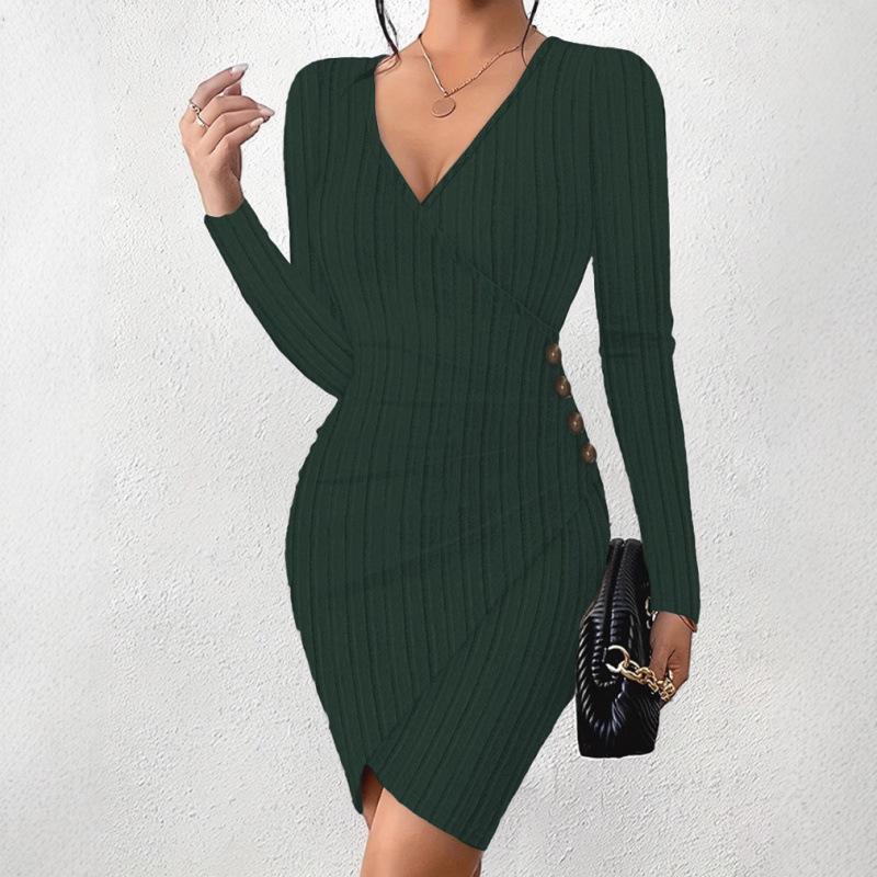 Autumn And Winter Solid Color V-Neck Tight-Fitting Hip-Wrapped Slim-Fitting Sexy Long-Sleeved Dress For Women