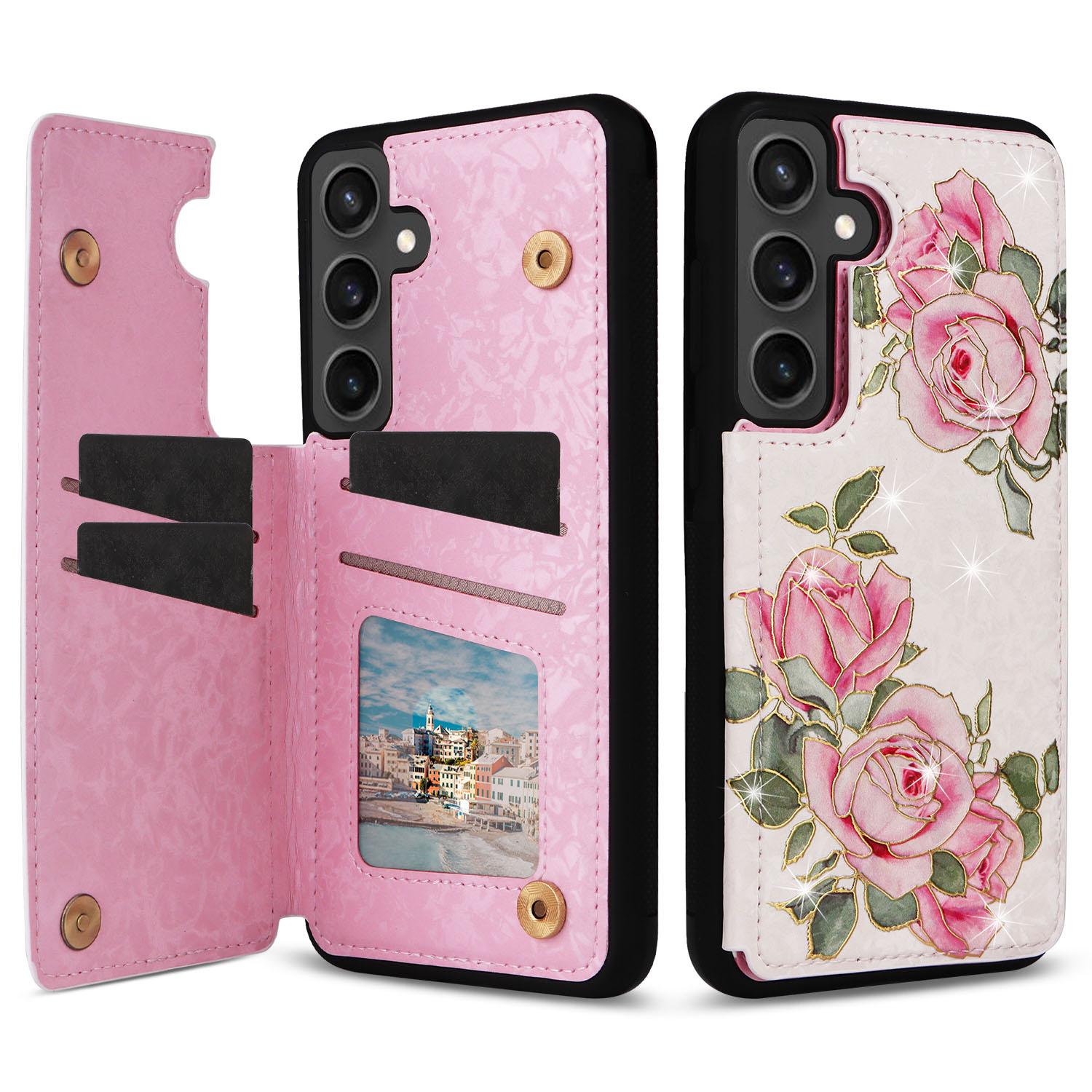 

For Samsung Galaxy S25 FE Case Flower Leather TPU RFID Blocking Phone Cover Card Slots Rose Flower