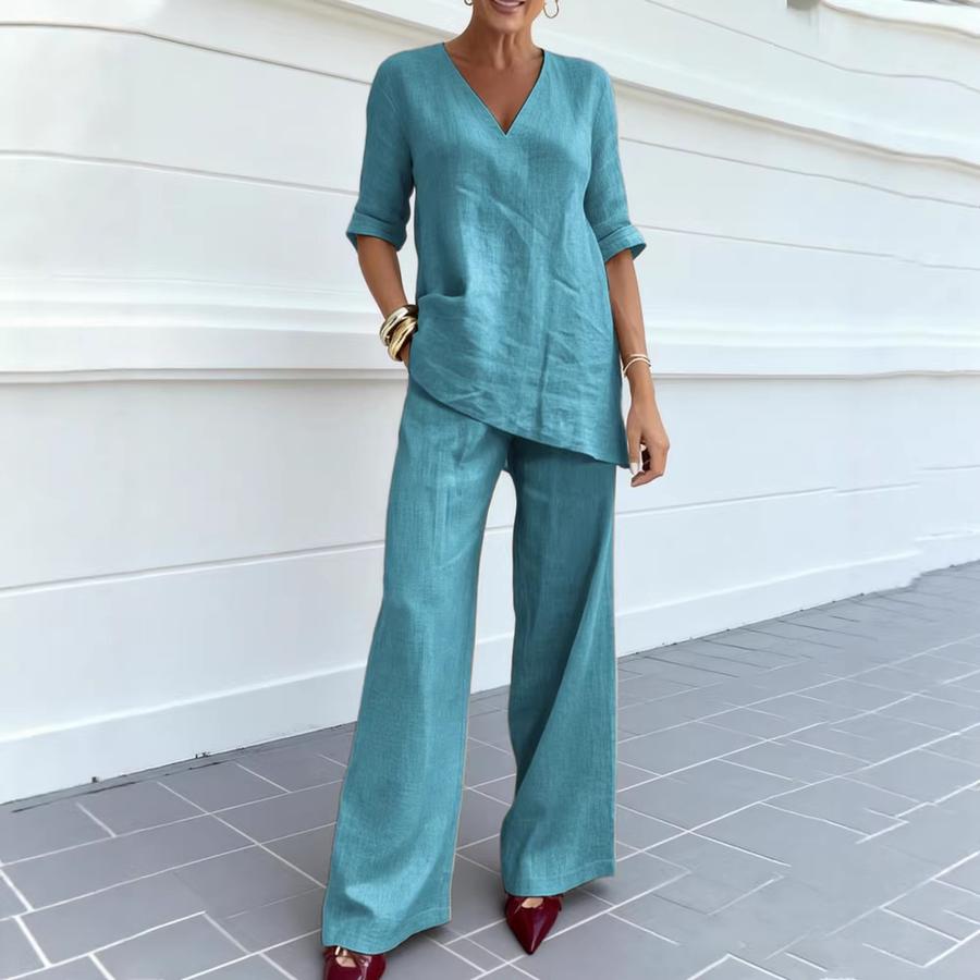 Autumn Women's Casual Cotton Linen Solid Short Sleeve V-Neck Tunic Top