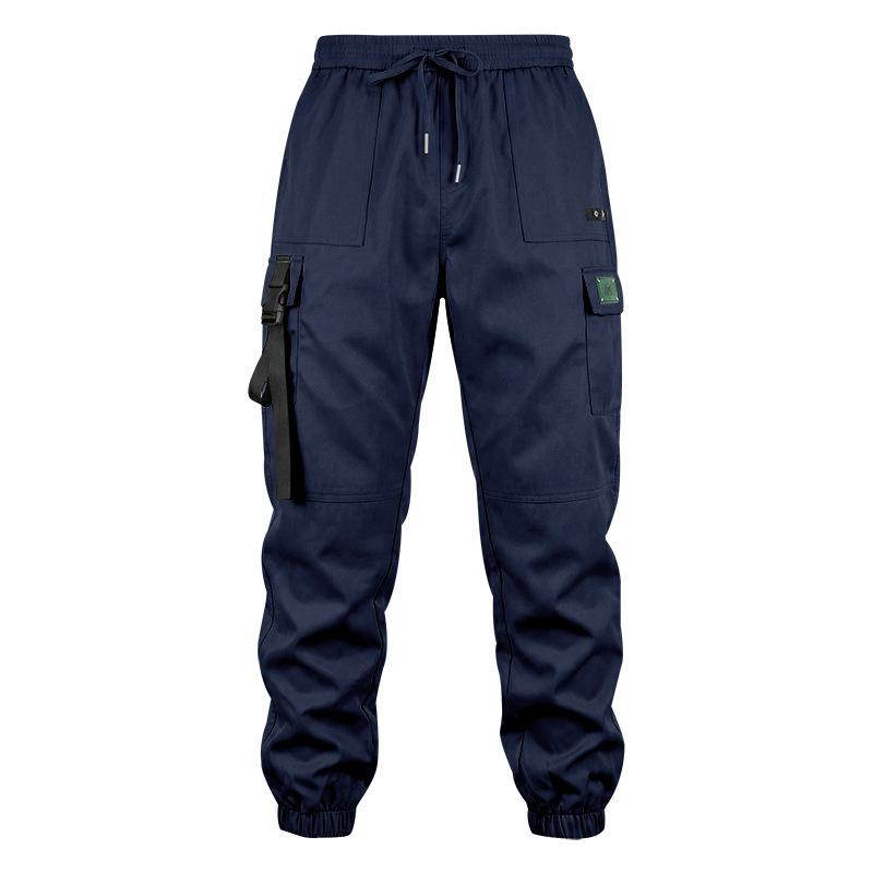 Men Drawstring Elastic Waist Jogger Cargo Pants, Multi Pockets Ribbon Decor Tapered Ankle Cuffs Casual Streetwear Utility Trousers Outdoor Daily Wear