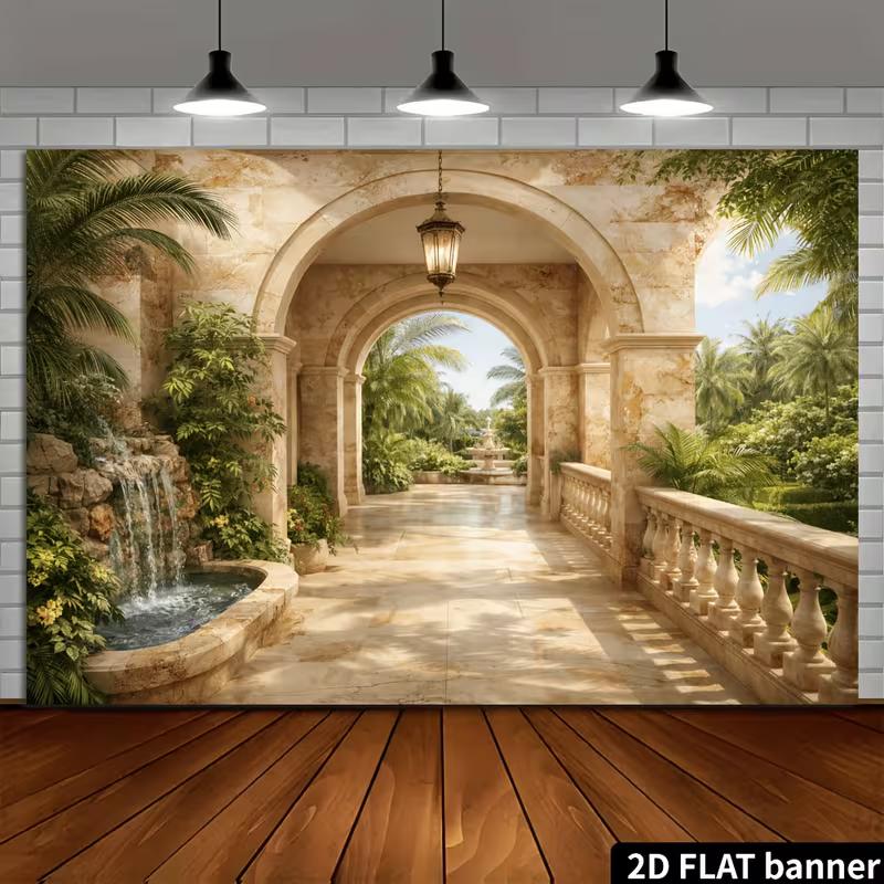 2D Mediterranean Stone Archway Backdrop, Tropical Villa Banner