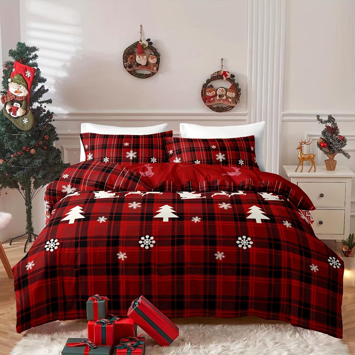 

3-Piece Christmas-Themed Duvet Cover Set - Soft, Breathable, and Hypoallergenic Fabric - Checkered Elk Snowflake Print Design, P 135x200cm
