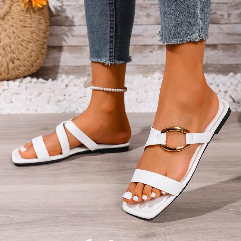 Fashion Plus Size Flip Flops Summer New Square Toe Open Toe Cutout Metal Buckle Soft Sole Non-slip Wear-resistant Flats