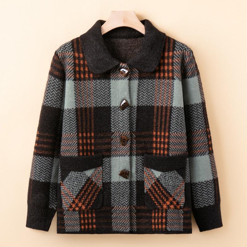 Middle-aged mother plaid knitted sweater jacket the elderly new spring and autumn lapel top cardigan sweater women
