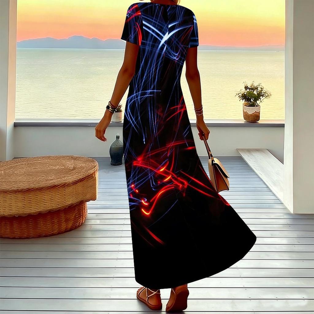 Women Plus Size V Neck Short Sleeve Maxi Dress Black Beige Brown Geometric Block Print Loose Long Dress