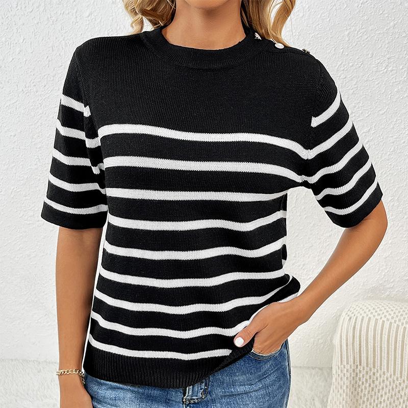 Frühling/Sommer Neue Damen-Pullover mit Knöpfen und Streifen, modisch, Rundhalsausschnitt, kurzärmelige Damen-Strickwaren